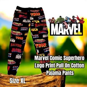 Marvel Comic Superhero Logo Print Pull On Cotton Pajama Pants, Size XL (Black)